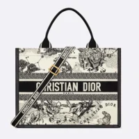 Dior Women Medium Dior Book Tote Latte and Black Dior Zodiac Embroidery with Black Calfskin