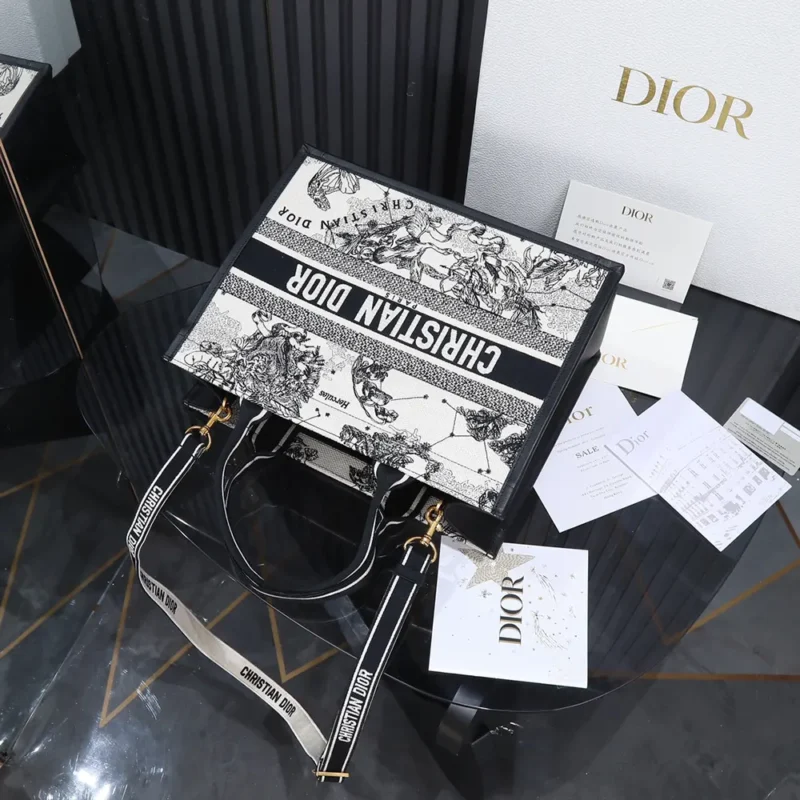 Dior Women Medium Dior Book Tote Latte and Black Dior Zodiac Embroidery with Black Calfskin