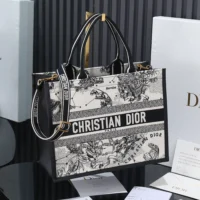 Dior Women Medium Dior Book Tote Latte and Black Dior Zodiac Embroidery with Black Calfskin (1)