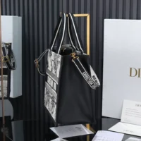 Dior Women Medium Dior Book Tote Latte and Black Dior Zodiac Embroidery with Black Calfskin (1)