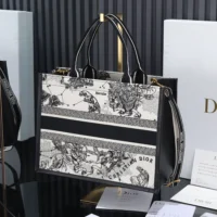 Dior Women Medium Dior Book Tote Latte and Black Dior Zodiac Embroidery with Black Calfskin (1)