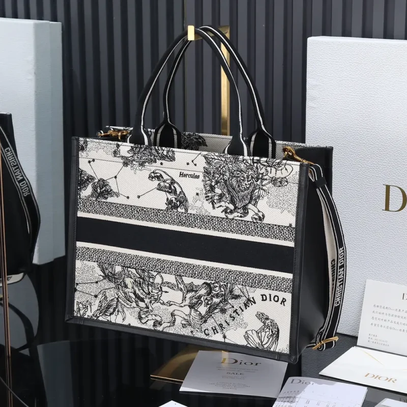 Dior Women Medium Dior Book Tote Latte and Black Dior Zodiac Embroidery with Black Calfskin