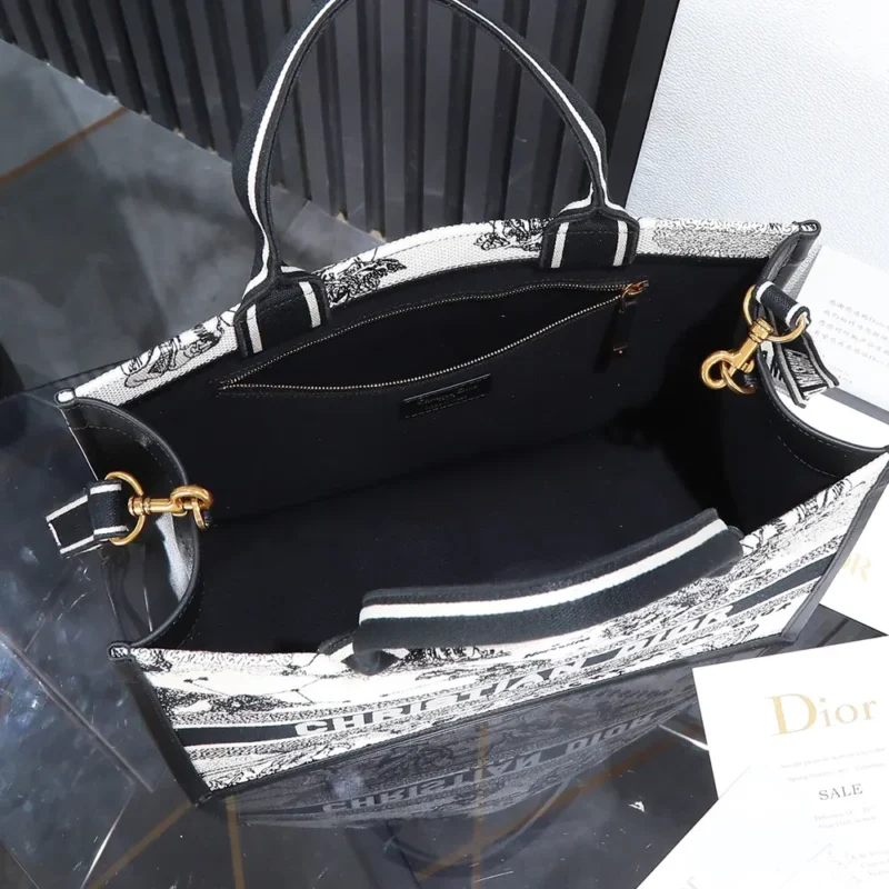 Dior Women Medium Dior Book Tote Latte and Black Dior Zodiac Embroidery with Black Calfskin