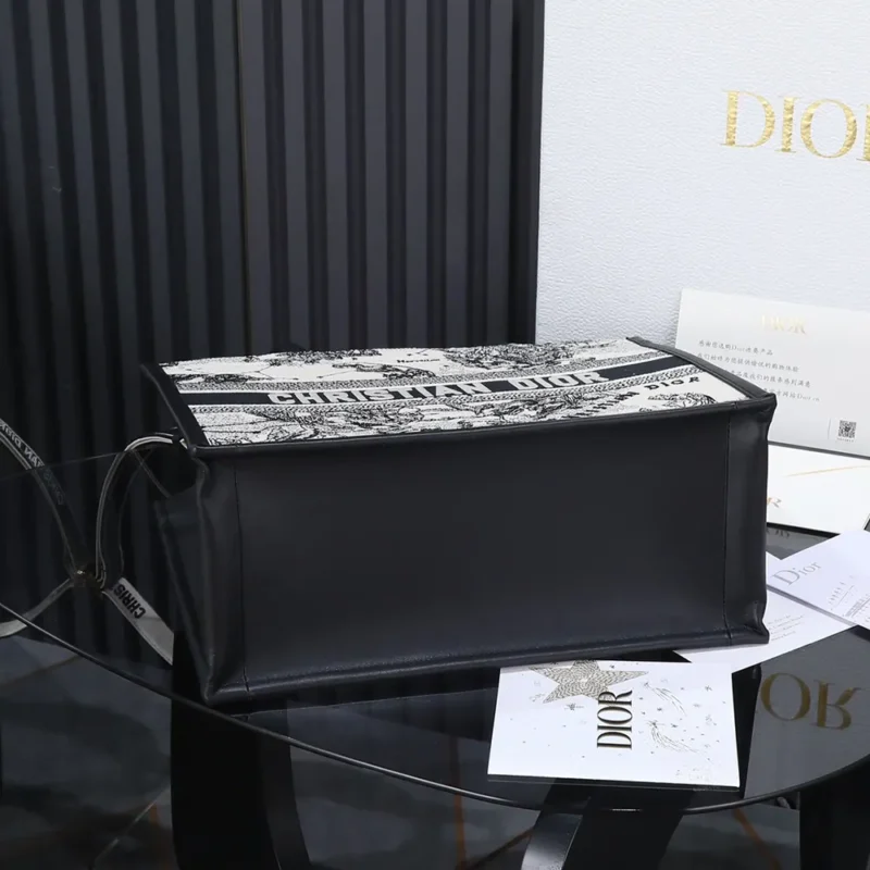 Dior Women Medium Dior Book Tote Latte and Black Dior Zodiac Embroidery with Black Calfskin