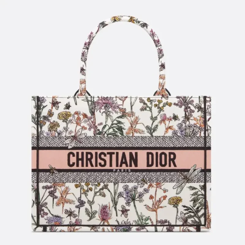 Dior Women Medium Dior Book Tote White Multicolor Dior Herbarium Embroidery