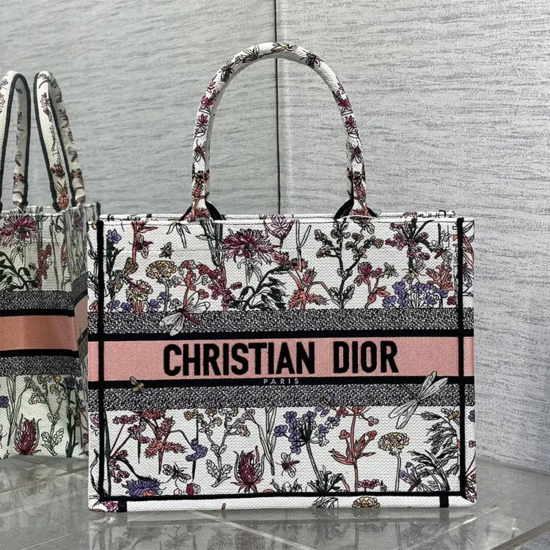 Dior Women Medium Dior Book Tote White Multicolor Dior Herbarium Embroidery