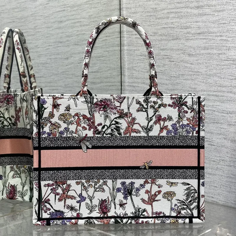 Dior Women Medium Dior Book Tote White Multicolor Dior Herbarium Embroidery