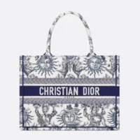 Dior Women Medium Dior Book Tote White and Navy Blue Toile de Jouy Soleil Embroidery