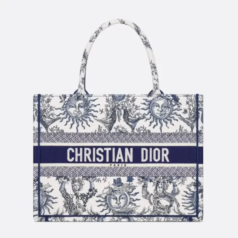 Dior Women Medium Dior Book Tote White and Navy Blue Toile de Jouy Soleil Embroidery