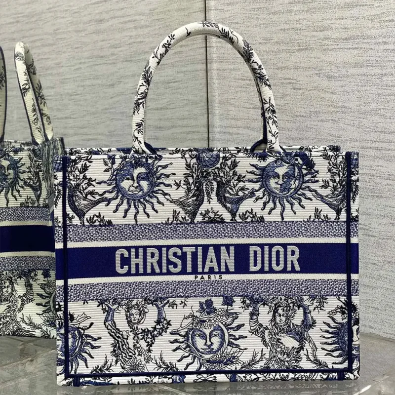 Dior Women Medium Dior Book Tote White and Navy Blue Toile de Jouy Soleil Embroidery