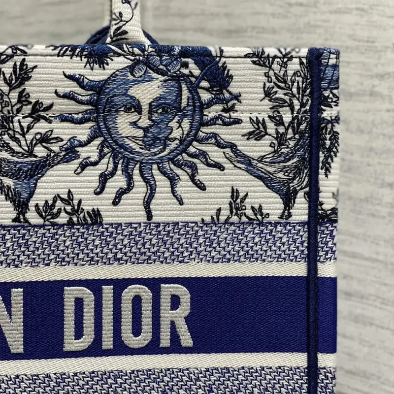 Dior Women Medium Dior Book Tote White and Navy Blue Toile de Jouy Soleil Embroidery