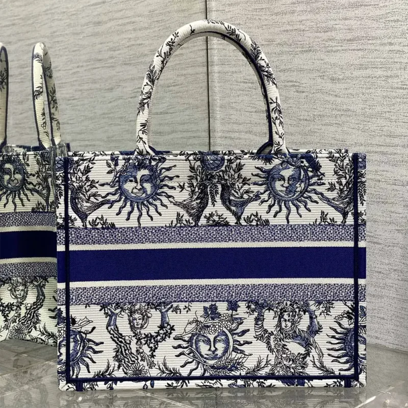 Dior Women Medium Dior Book Tote White and Navy Blue Toile de Jouy Soleil Embroidery