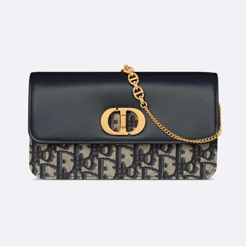 Dior Women Miss Caro Pouch with Chain Blue Dior Oblique Jacquard and Smooth Calfskin