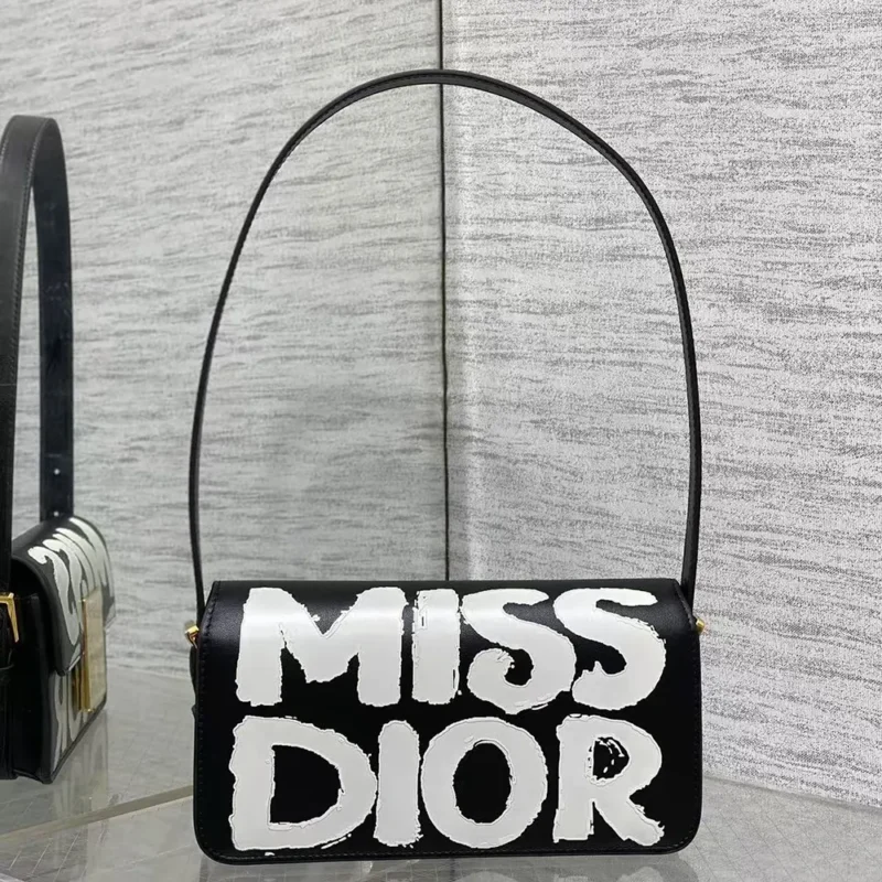 Dior Women Miss Dior Flap Bag Black and White Miss Dior Graffiti Printed Calfskin