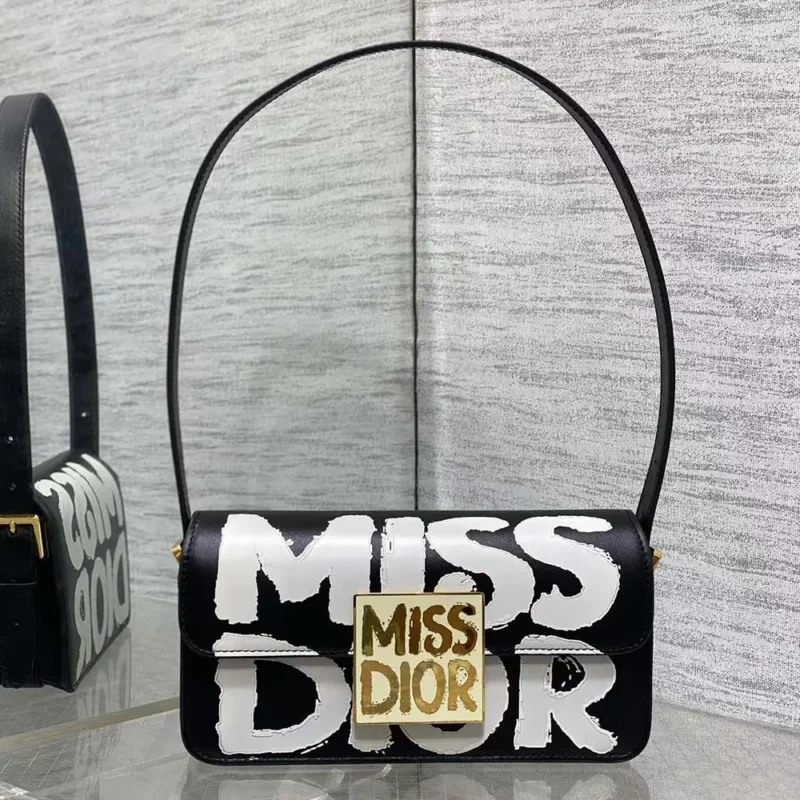 Dior Women Miss Dior Flap Bag Black and White Miss Dior Graffiti Printed Calfskin