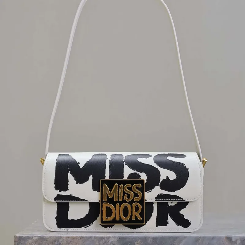 Dior Women Miss Dior Flap Bag White and Black Miss Dior Graffiti Printed Calfskin