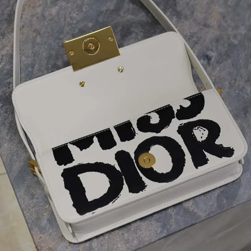 Dior Women Miss Dior Flap Bag White and Black Miss Dior Graffiti Printed Calfskin