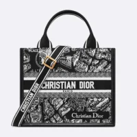 Dior Women Small Dior Book Tote Black and White Plan de Paris Embroidery with Black Calfskin (1)