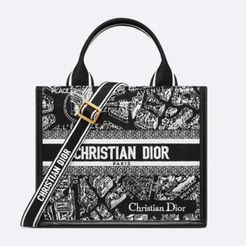 Dior Women Small Dior Book Tote Black and White Plan de Paris Embroidery with Black Calfskin