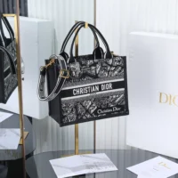 Dior Women Small Dior Book Tote Black and White Plan de Paris Embroidery with Black Calfskin (1)