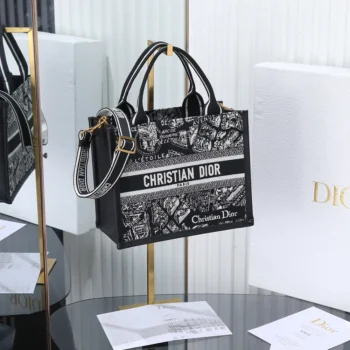 Dior Women Small Dior Book Tote Black and White Plan de Paris Embroidery with Black Calfskin