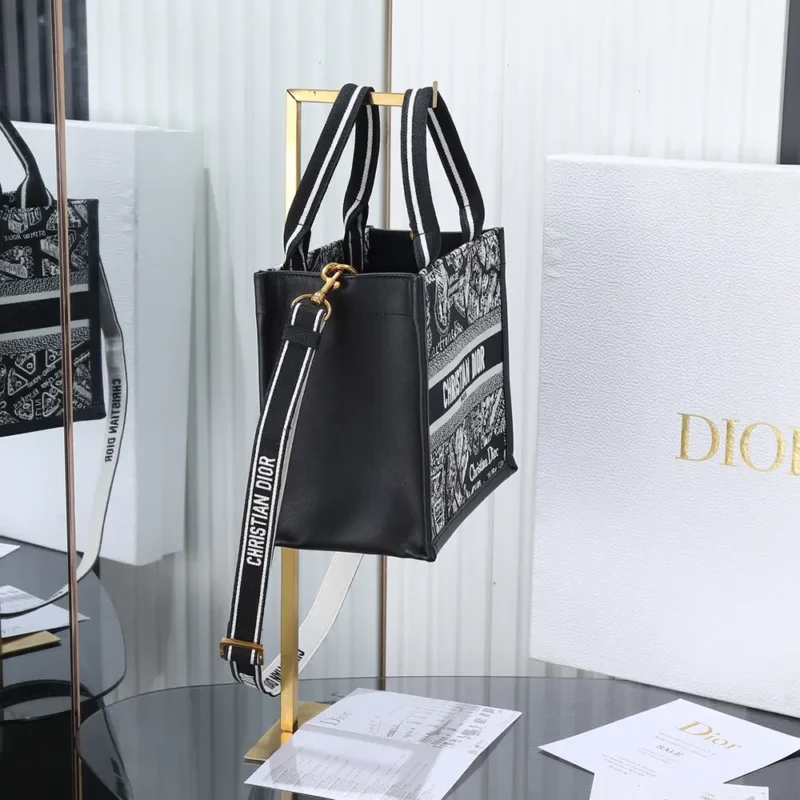 Dior Women Small Dior Book Tote Black and White Plan de Paris Embroidery with Black Calfskin