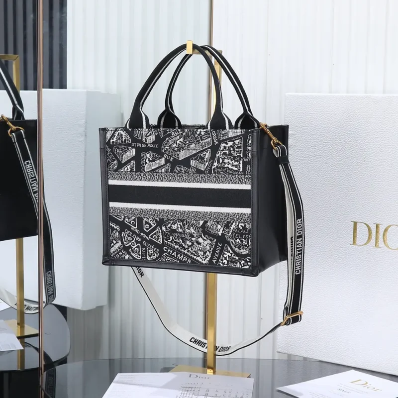 Dior Women Small Dior Book Tote Black and White Plan de Paris Embroidery with Black Calfskin