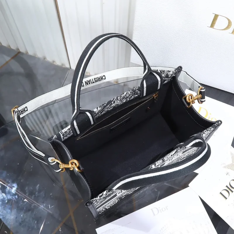 Dior Women Small Dior Book Tote Black and White Plan de Paris Embroidery with Black Calfskin