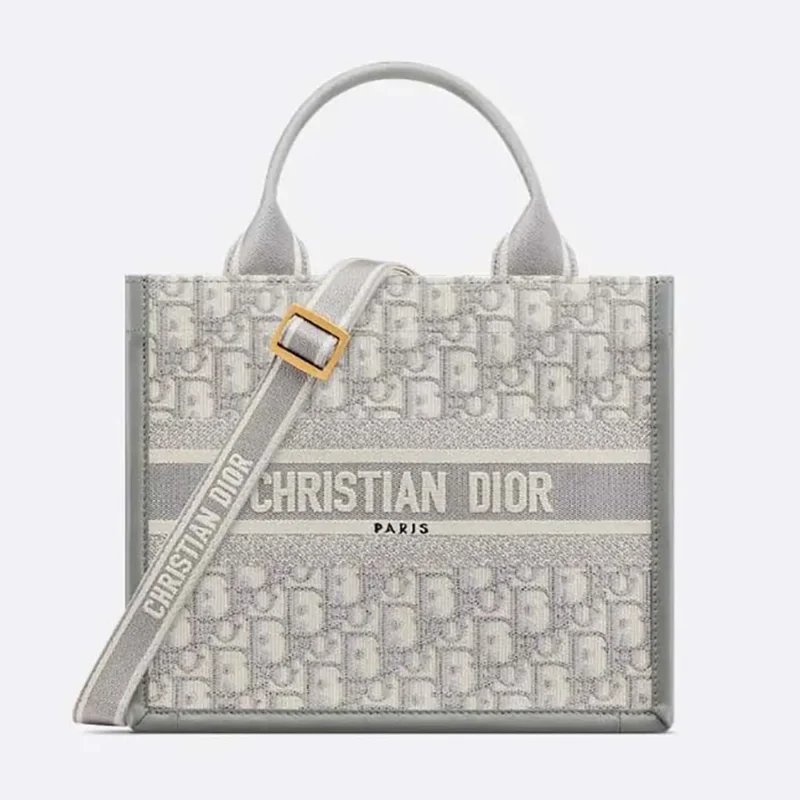 Dior Women Small Dior Book Tote Gray Dior Oblique Embroidery and Calfskin