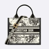 Dior Women Small Dior Book Tote Latte and Black Dior Zodiac Embroidery with Black Calfskin (1)