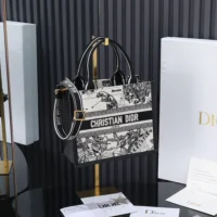 Dior Women Small Dior Book Tote Latte and Black Dior Zodiac Embroidery with Black Calfskin (1)