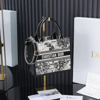 Dior Women Small Dior Book Tote Latte and Black Dior Zodiac Embroidery with Black Calfskin