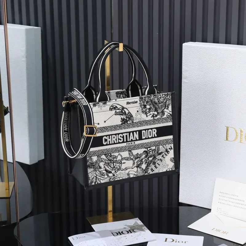 Dior Women Small Dior Book Tote Latte and Black Dior Zodiac Embroidery with Black Calfskin