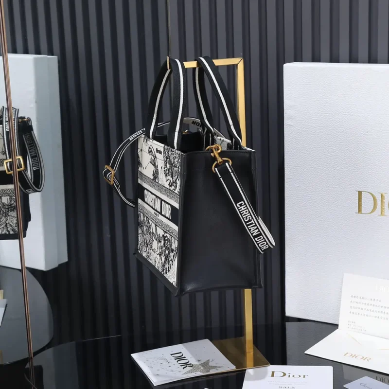 Dior Women Small Dior Book Tote Latte and Black Dior Zodiac Embroidery with Black Calfskin