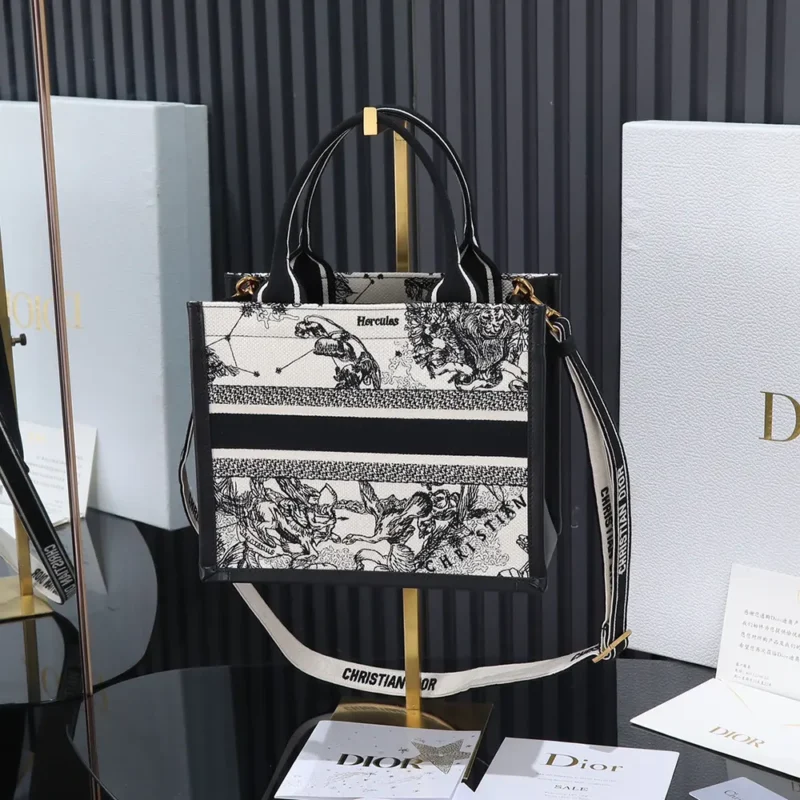 Dior Women Small Dior Book Tote Latte and Black Dior Zodiac Embroidery with Black Calfskin