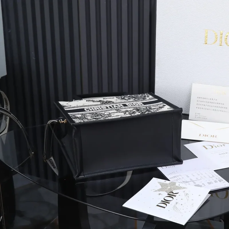 Dior Women Small Dior Book Tote Latte and Black Dior Zodiac Embroidery with Black Calfskin