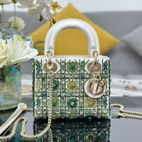 Dior Women Small Lady Dior Bag Metallic Calfskin and Satin with Celestial Green Bead Embroidery (1)