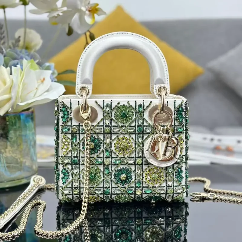 Dior Women Small Lady Dior Bag Metallic Calfskin and Satin with Celestial Green Bead Embroidery