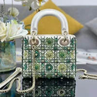 Dior Women Small Lady Dior Bag Metallic Calfskin and Satin with Celestial Green Bead Embroidery (1)