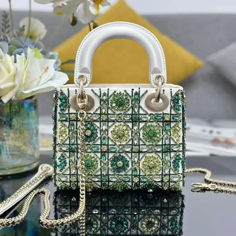 Dior Women Small Lady Dior Bag Metallic Calfskin and Satin with Celestial Green Bead Embroidery