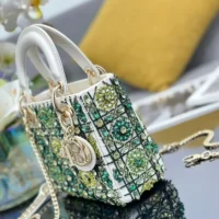 Dior Women Small Lady Dior Bag Metallic Calfskin and Satin with Celestial Green Bead Embroidery (1)