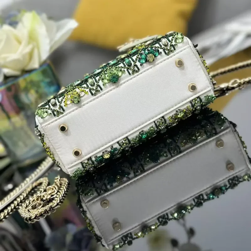 Dior Women Small Lady Dior Bag Metallic Calfskin and Satin with Celestial Green Bead Embroidery