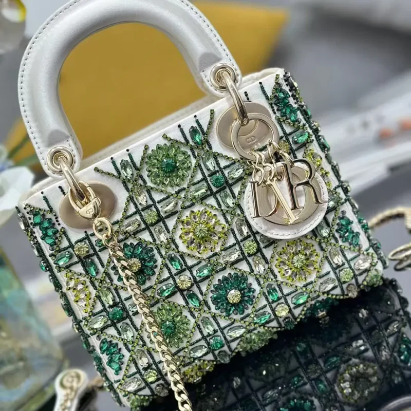 Dior Women Small Lady Dior Bag Metallic Calfskin and Satin with Celestial Green Bead Embroidery