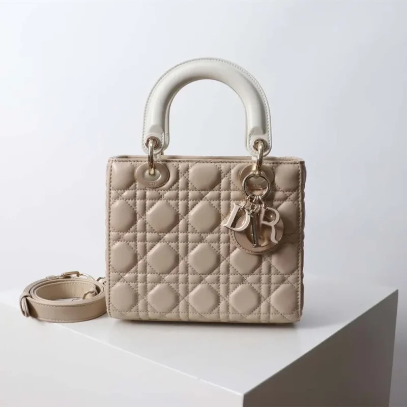 Dior Women Small Lady Dior Bag Two-Tone Trench Beige and Latte Cannage Lambskin