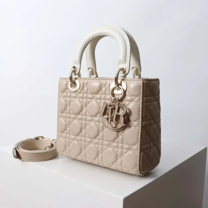 Dior Women Small Lady Dior Bag Two-Tone Trench Beige and Latte Cannage Lambskin