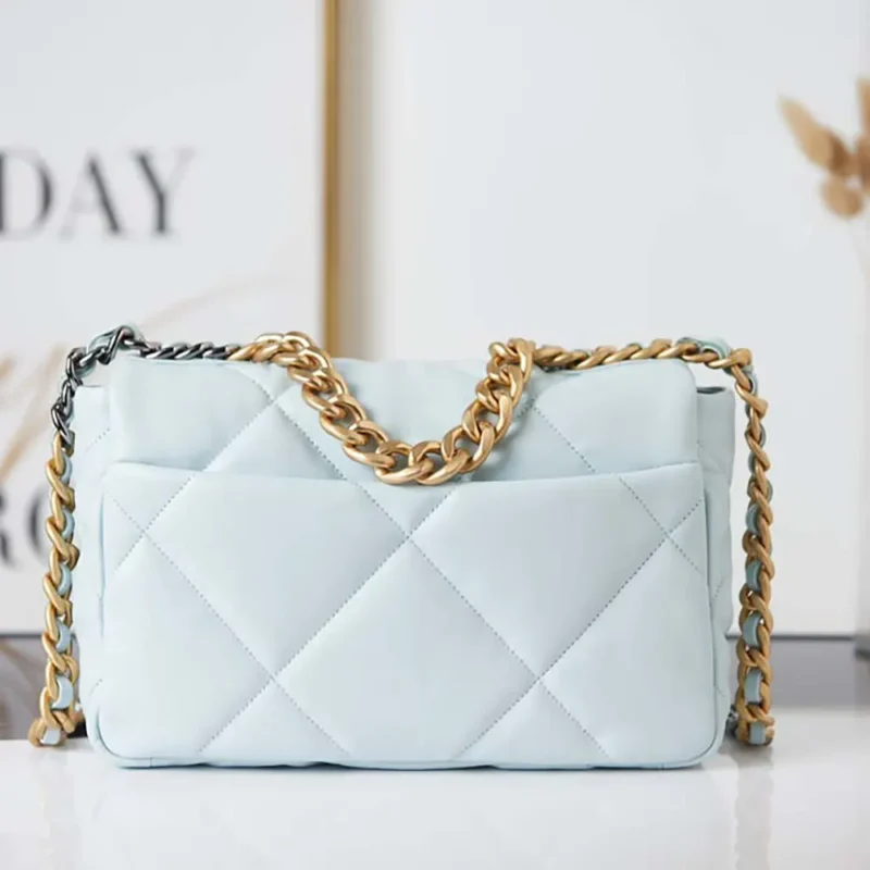 Chanel Women 19 Handbag Shiny Lambskin Gold-Tone Silver-Tone & Ruthenium-Light Blue