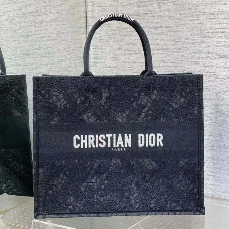 Dior Women Large Book Tote Black D-Lace Butterfly Embroidery