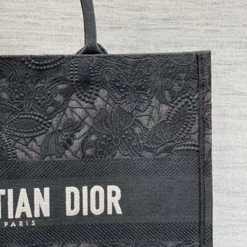 Dior Women Large Book Tote Black D-Lace Butterfly Embroidery