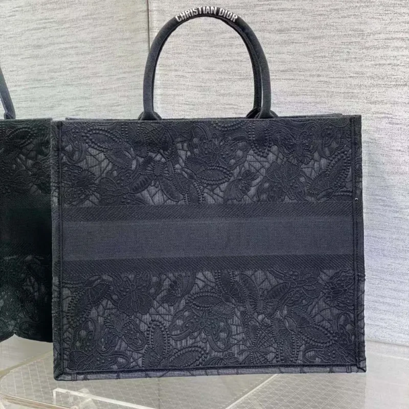 Dior Women Large Book Tote Black D-Lace Butterfly Embroidery