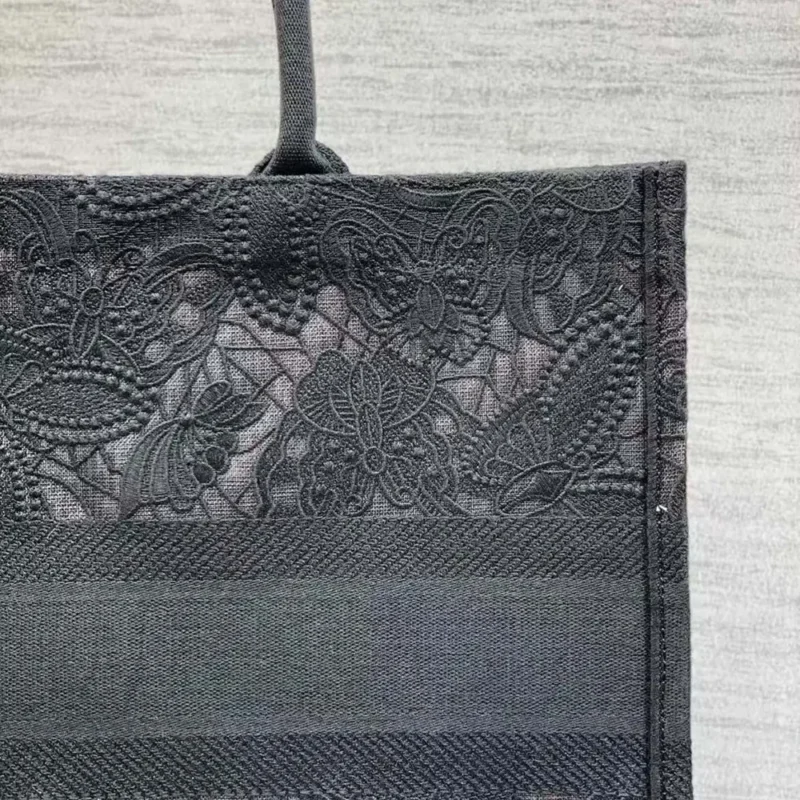 Dior Women Large Book Tote Black D-Lace Butterfly Embroidery